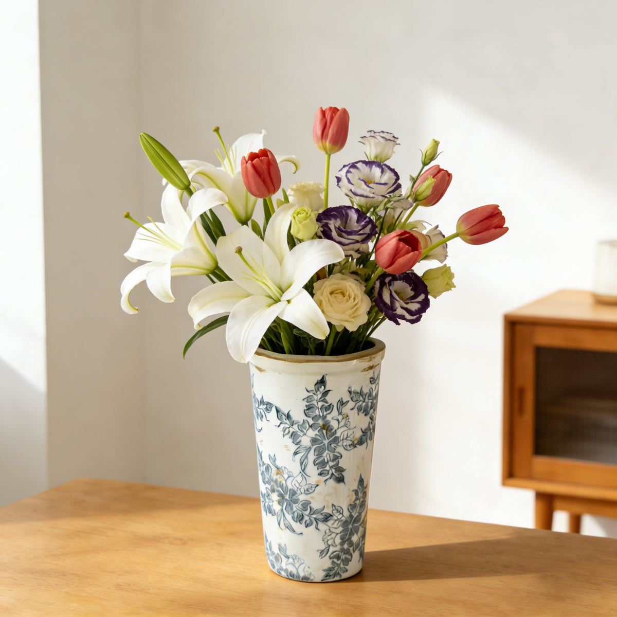 Ceramic Flower Vase with Wide Mouth - Distressed White & Black