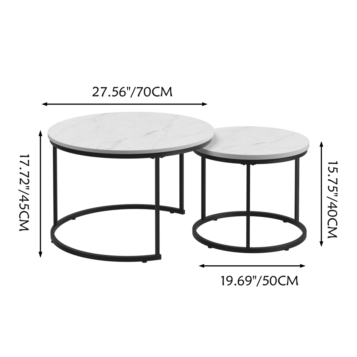 Nesting Coffee Table Set of 2, 27.6inch Round Wood Marble Pattern Top with Sturdy Metal Frame