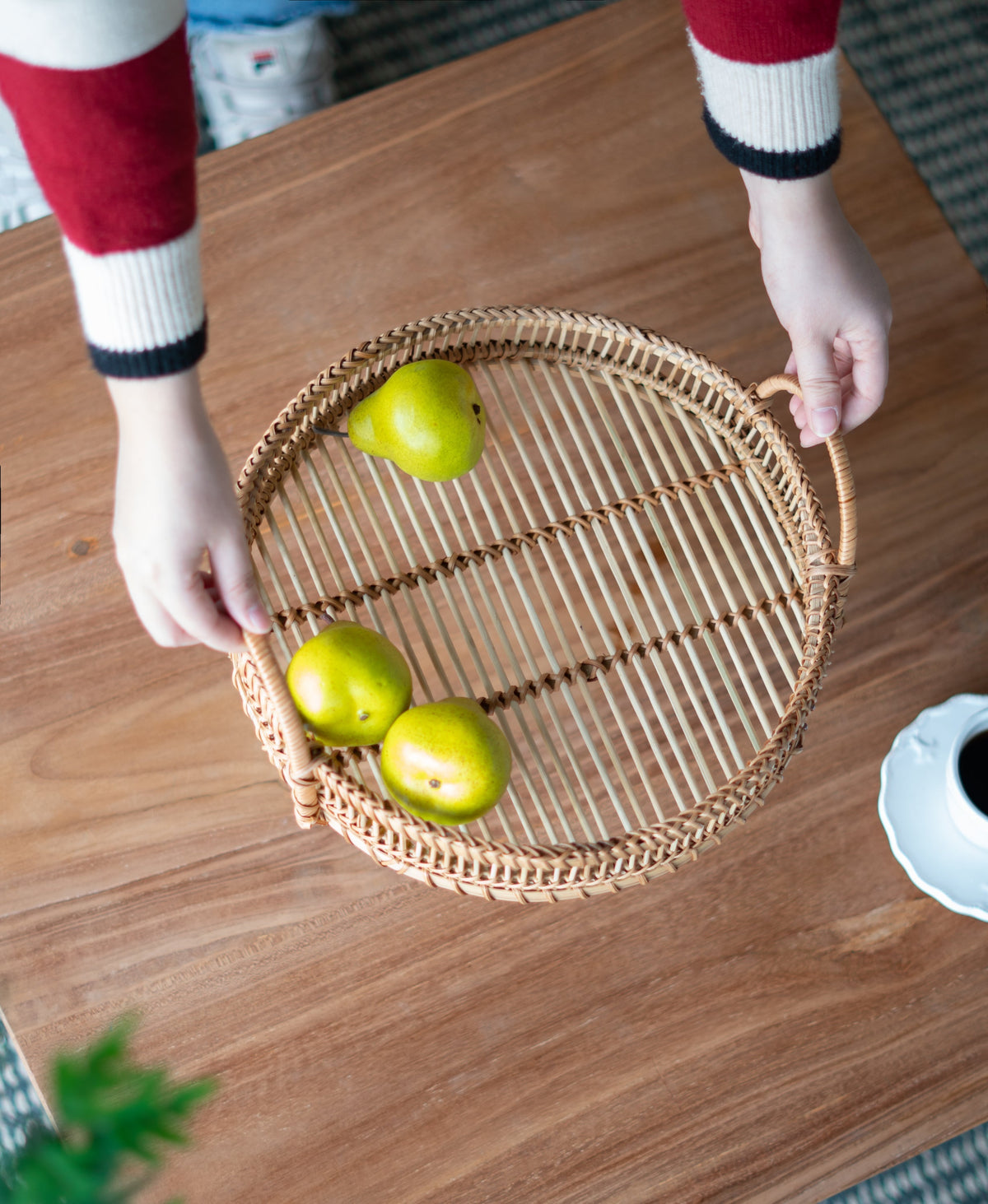 Set of 3 Round Decorative Brown Bamboo Woven Trays with Handles