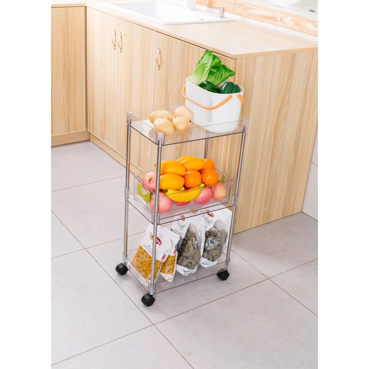 Chrome Clear Acrylic 3-Tier Rolling Cart