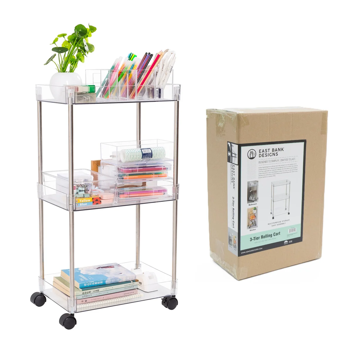 Chrome Clear Acrylic 3-Tier Rolling Cart