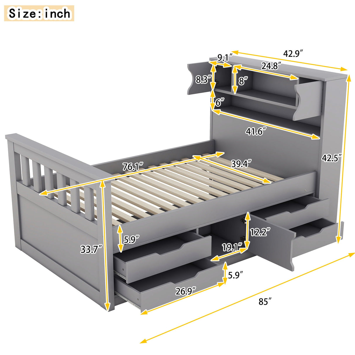 Captain Platform Bed Frame With Storage Bookcases, Shelves, And 4 Drawers