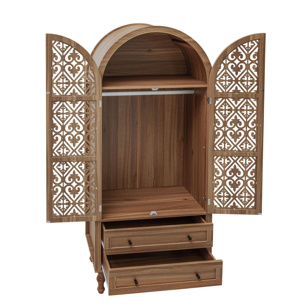 Tall Kitchen Pantry Cabinet With Hollow Carved Doors 2 Drawers And Adjustable Shelves Storage Display Cabinet For Kitchen Dining Room Or Living Room - Walnut