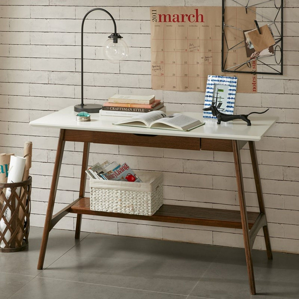 Parker - Desk With Storage Shelf - Off White / Pecan