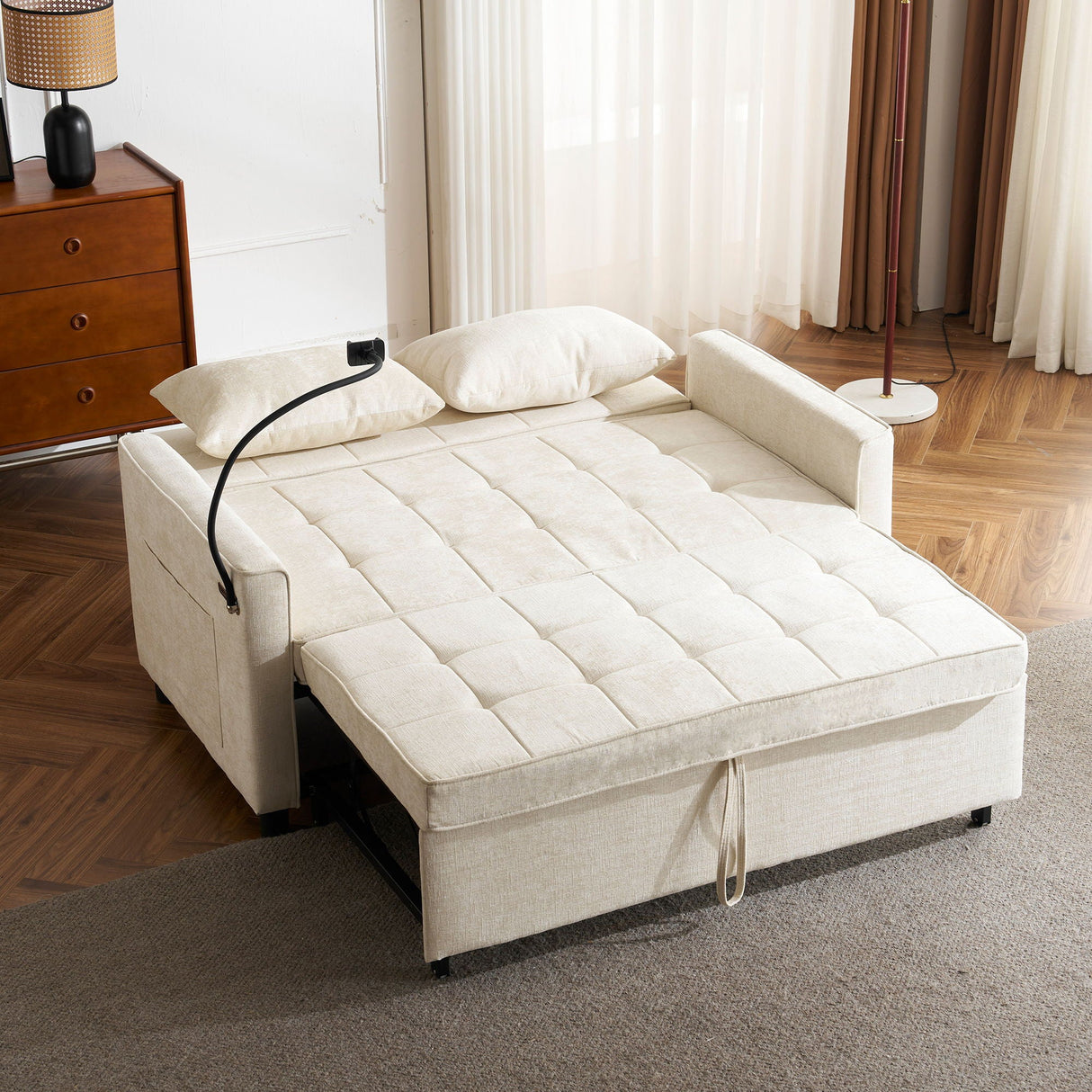 Pull-Out Sleeper Sofa With Reversible Backrest Cushion, Side Pockets, 2 USB Ports And A Phone Holder For Living Room