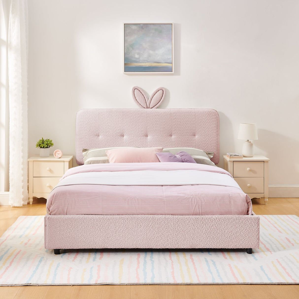 Queen Size Kids Upholstered Bed with Oversized Rabbit Ear Headboard, LED Light & 4 Storage Drawers, Boucle Fabric (84.5''X62.75''X41'')