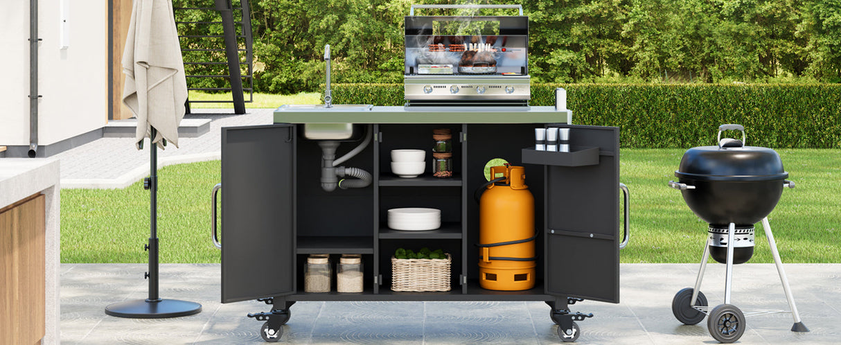 K&K 55.5' Outdoor Kitchen Island with 304 Stainless Steel Sink