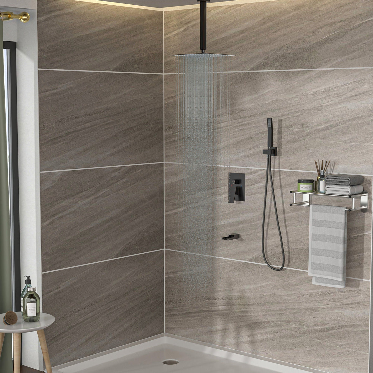 Modern Shower System With Waterfall Tub Spout, 12" Ceiling Mount Square Shower