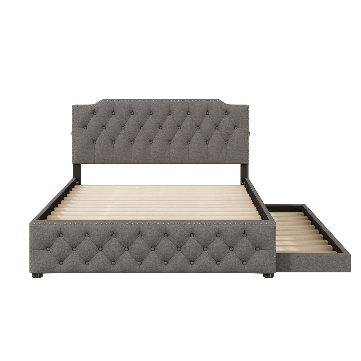 Upholstered Platform Bed With Trundle And 2 Sets Of USB Ports On Each Side, Fabric