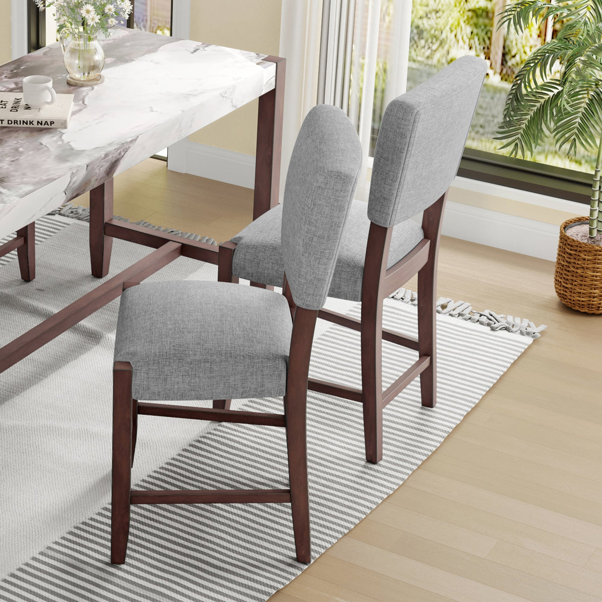 Set of 4 Mid-Century Modern Bar Stools, 40 in Linen Upholstered Counter Chairs with Rubber Wood Legs, Gray