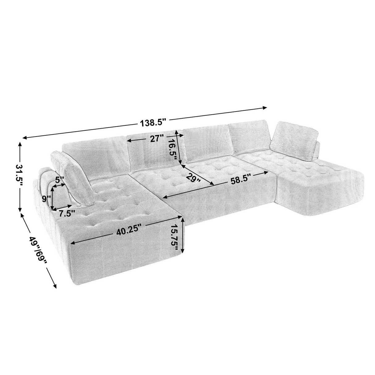 138.5" Modular Combination U-Shaped Sofa in Green