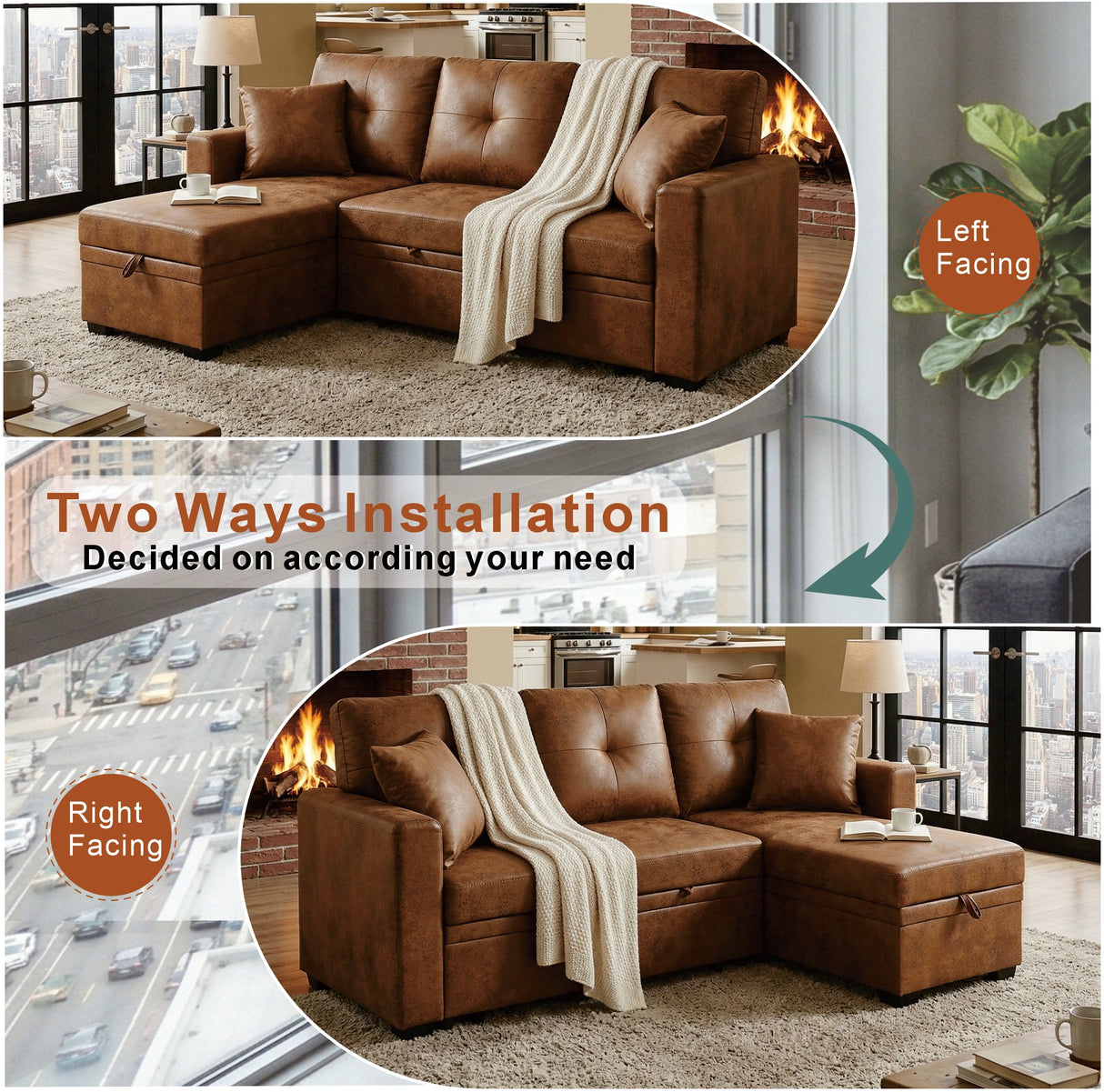 Reversible Chaise Sleeper Sofa with Pull-Out Bed