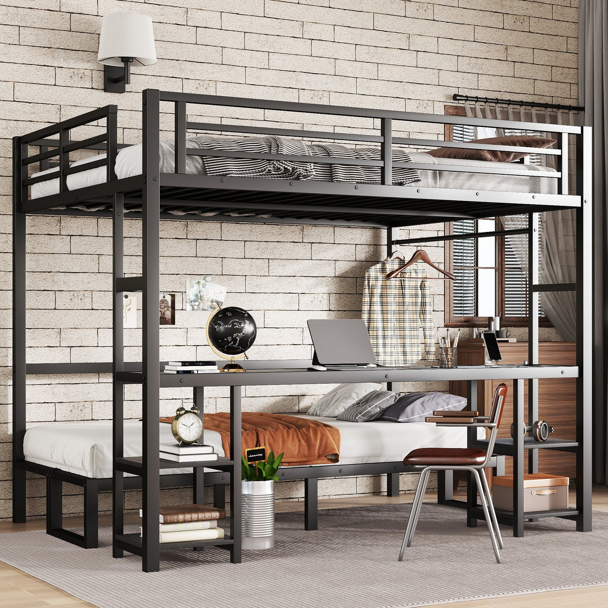 Queen Over Twin XL Metal Bunk Bed with Desk and Shelves