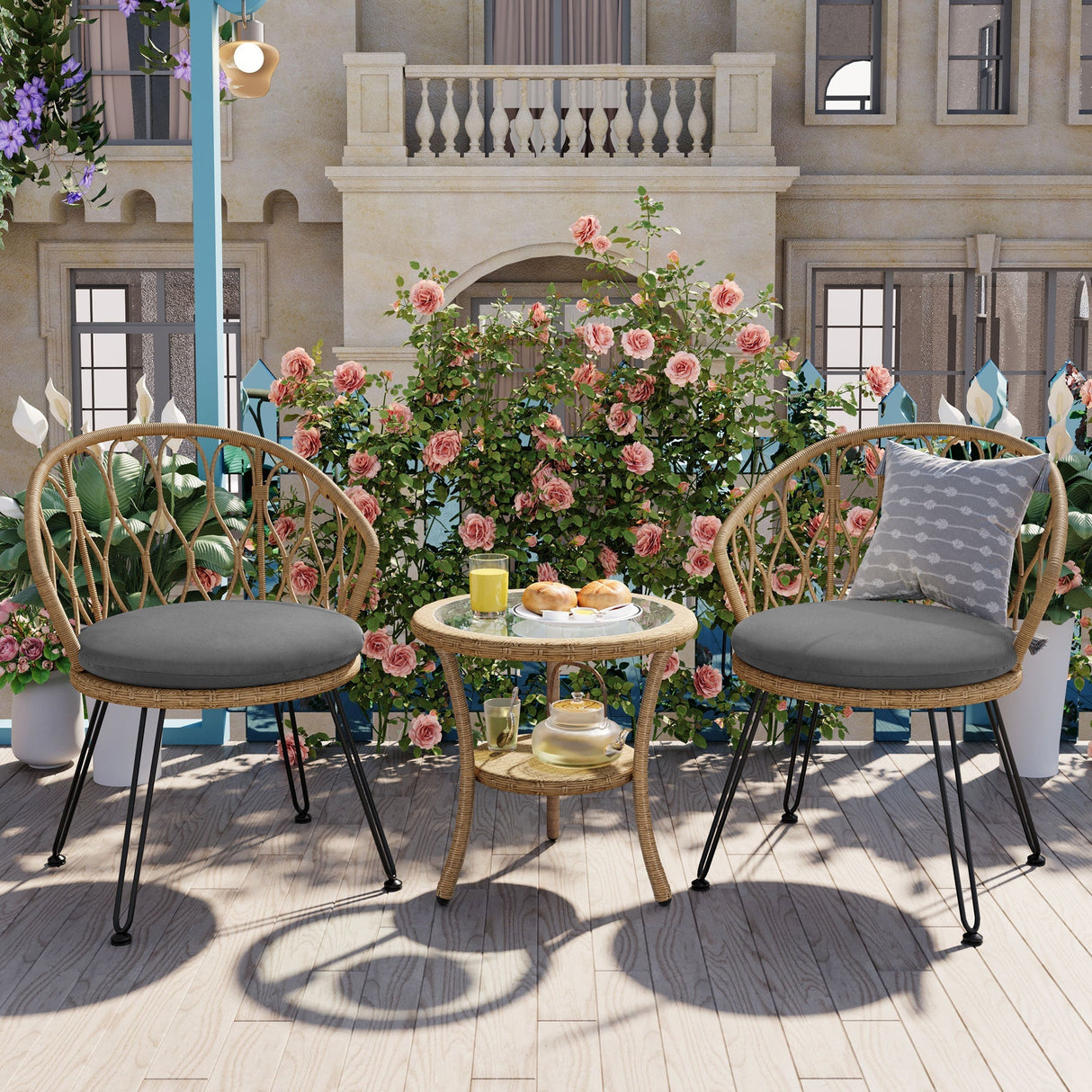U_STYLE Outdoor Leisure Set with 2 Rattan Chairs & Glass Table