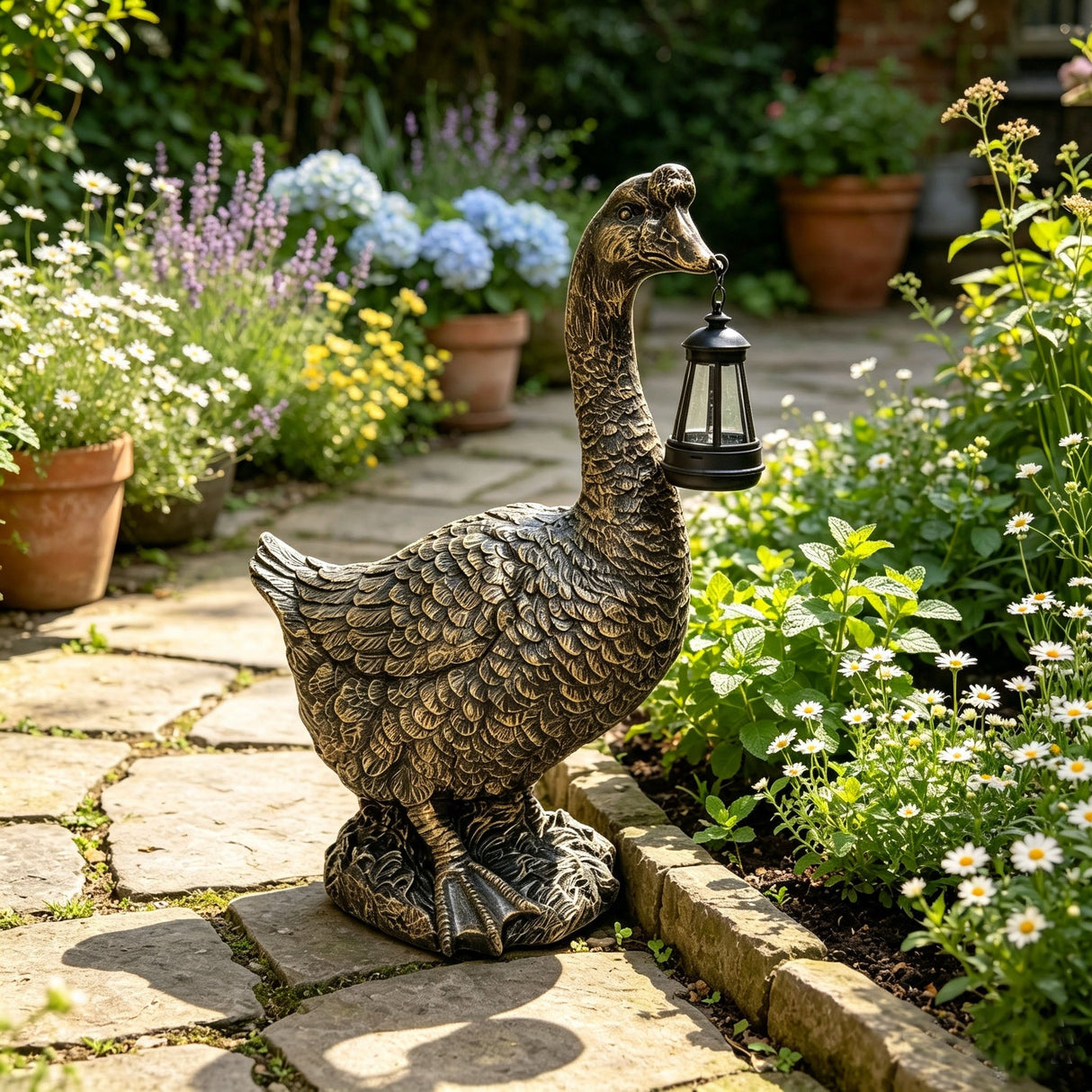 21'' Antique Bronze Goose Statue With Solar Lantern