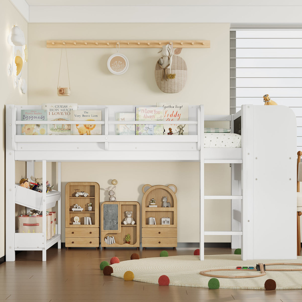 Twin Loft Bed With Multi-Storage Bookcases, Desk And Blackboard