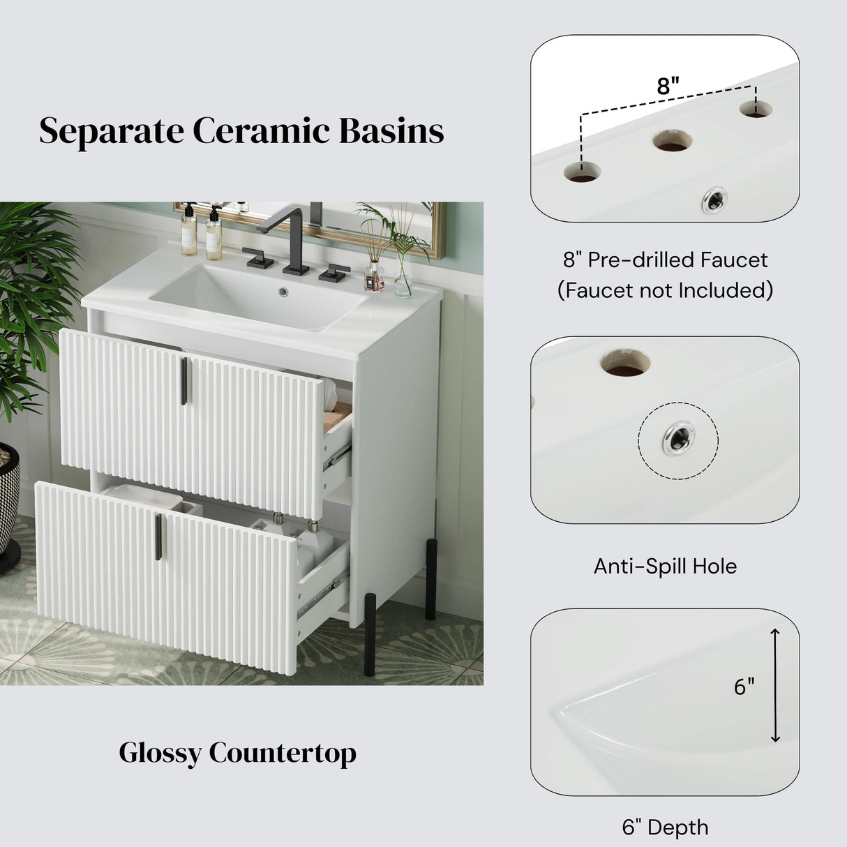 White Fluted Bathroom Vanity with Ceramic Sink and Soft Close Drawers