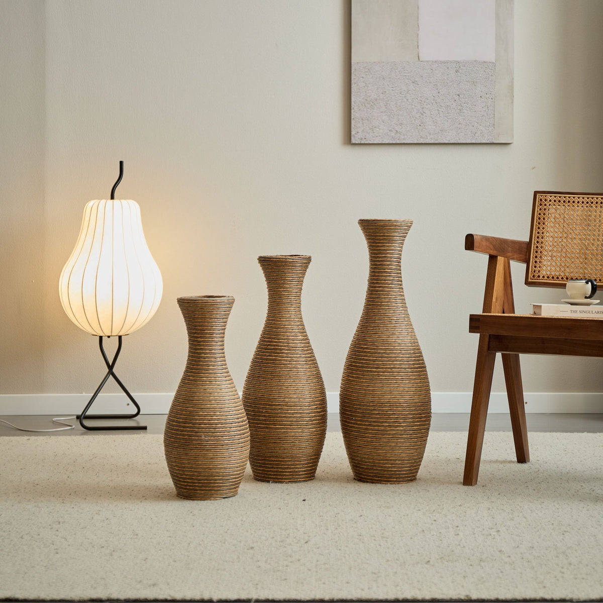 3 Piece Artificial Rattan Floor Vase Set Decorative Accent For Living Room, Hallway & Entryway, Ideal For Dried Or Silk Flower Arrangements - Beige