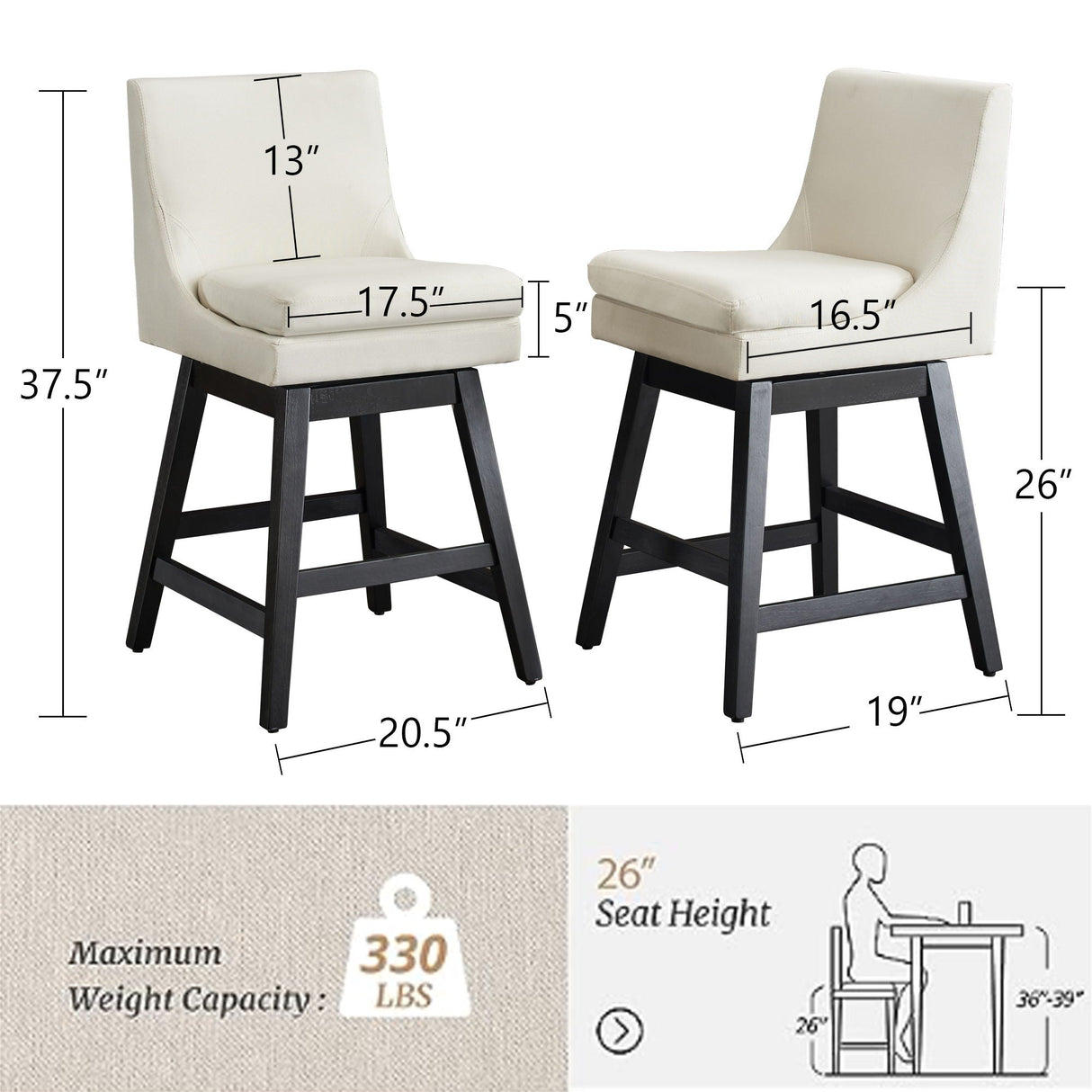 Upholstered Swivel Bar Stools With Ergonomic Design (Set of 2) - Cream White
