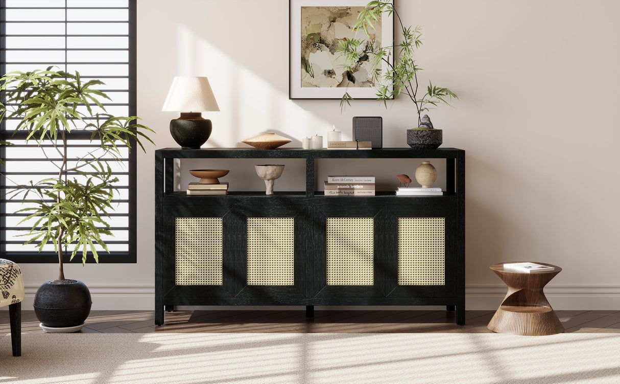 TREXM Bohemian Style Rattan Buffet Storage Cabinet with Solid Wood Frame
