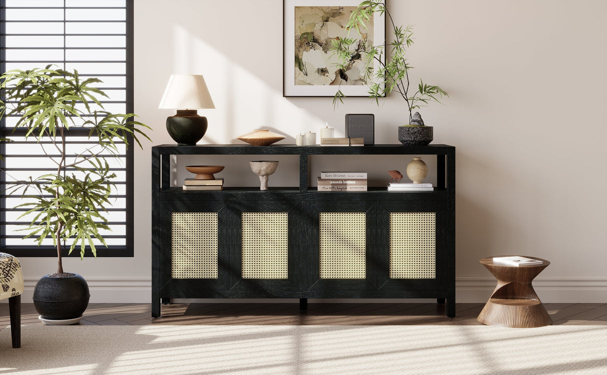 TREXM Bohemian Style Rattan Buffet Storage Cabinet with Solid Wood Frame