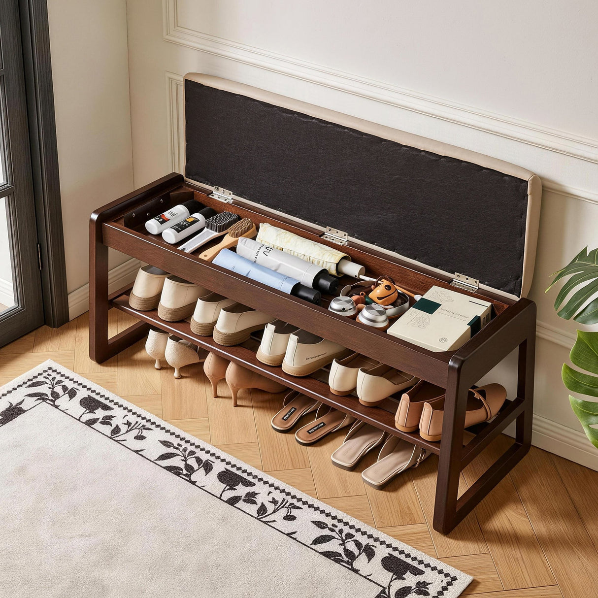 Wood Shoe Storage Bench with Premium Vegan Leather Seat