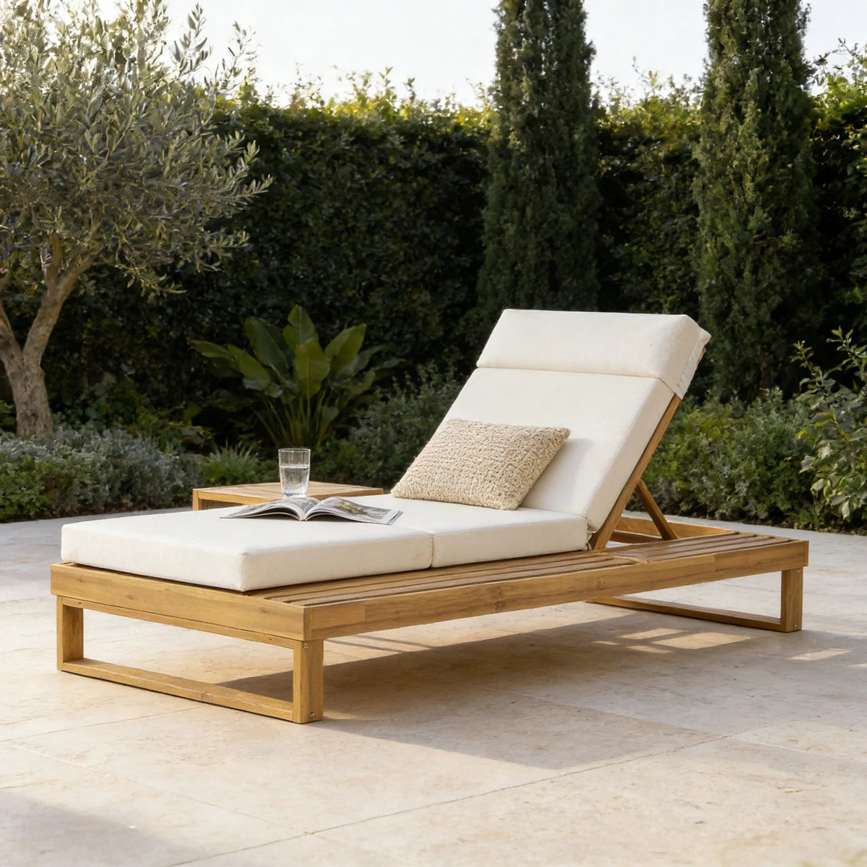 Teak Finish Acacia Wood Chaise Lounge with 4-Inch Cushion