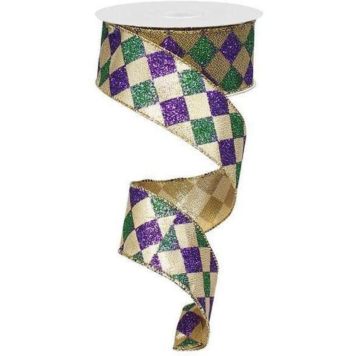 1.5" Harlequin Glitter Diamond Ribbon: Mardi Gras (10 Yards)