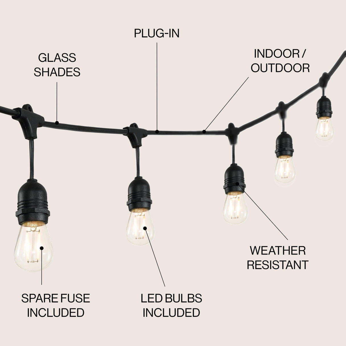 15 - light indoor/outdoor rustic industrial led s14 edison bulb string lights - Tuesday Morning - Outdoor Lighting