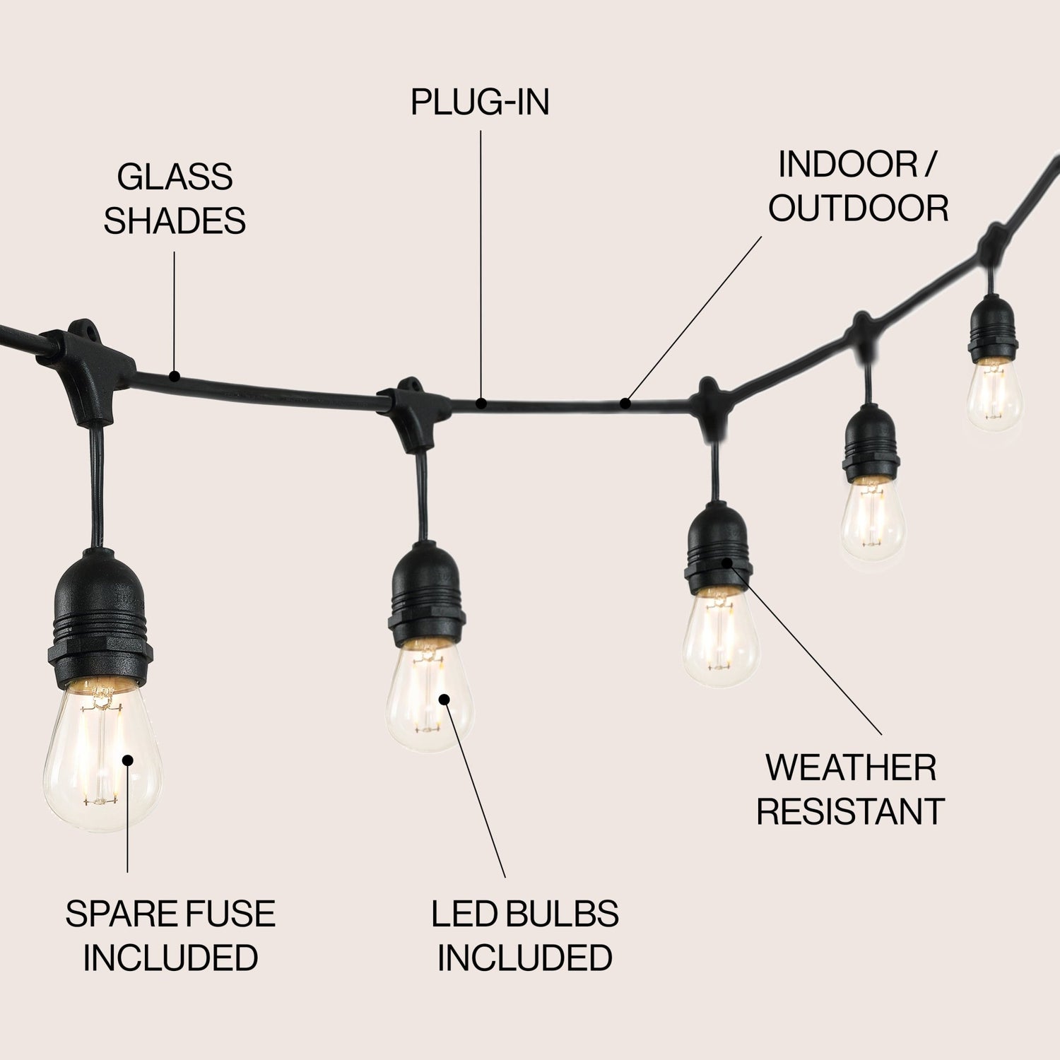 15 - light indoor/outdoor rustic industrial led s14 edison bulb string lights - Tuesday Morning - Outdoor Lighting