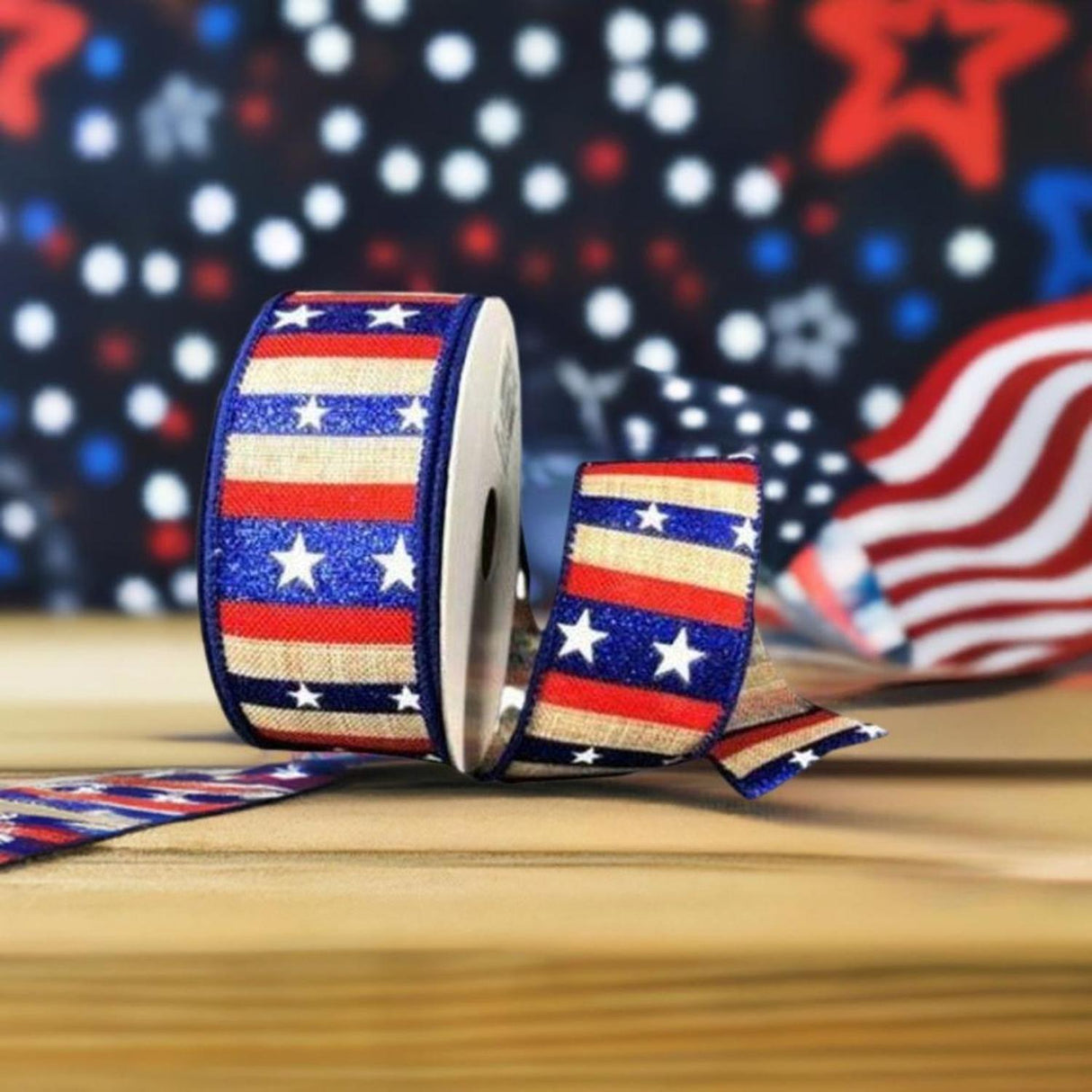 1.5" Navy Glitter Stripes With Stars Ribbon: Natural (10 Yards)