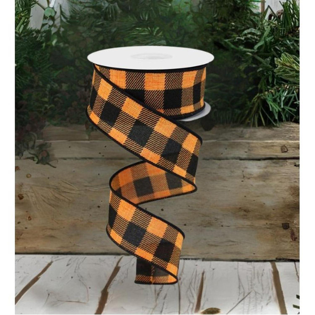 1.5" Striped Check on Royal Ribbon: Orange/Black (10 Yards)
