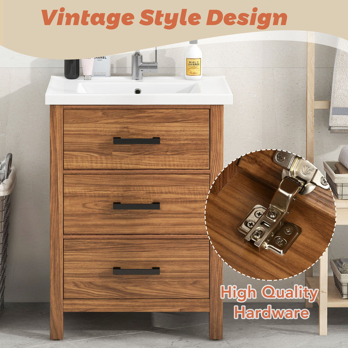 24'' Bathroom Vanity With Basin Sink, 3 Drawer Storage Cabinet - Natural Wood