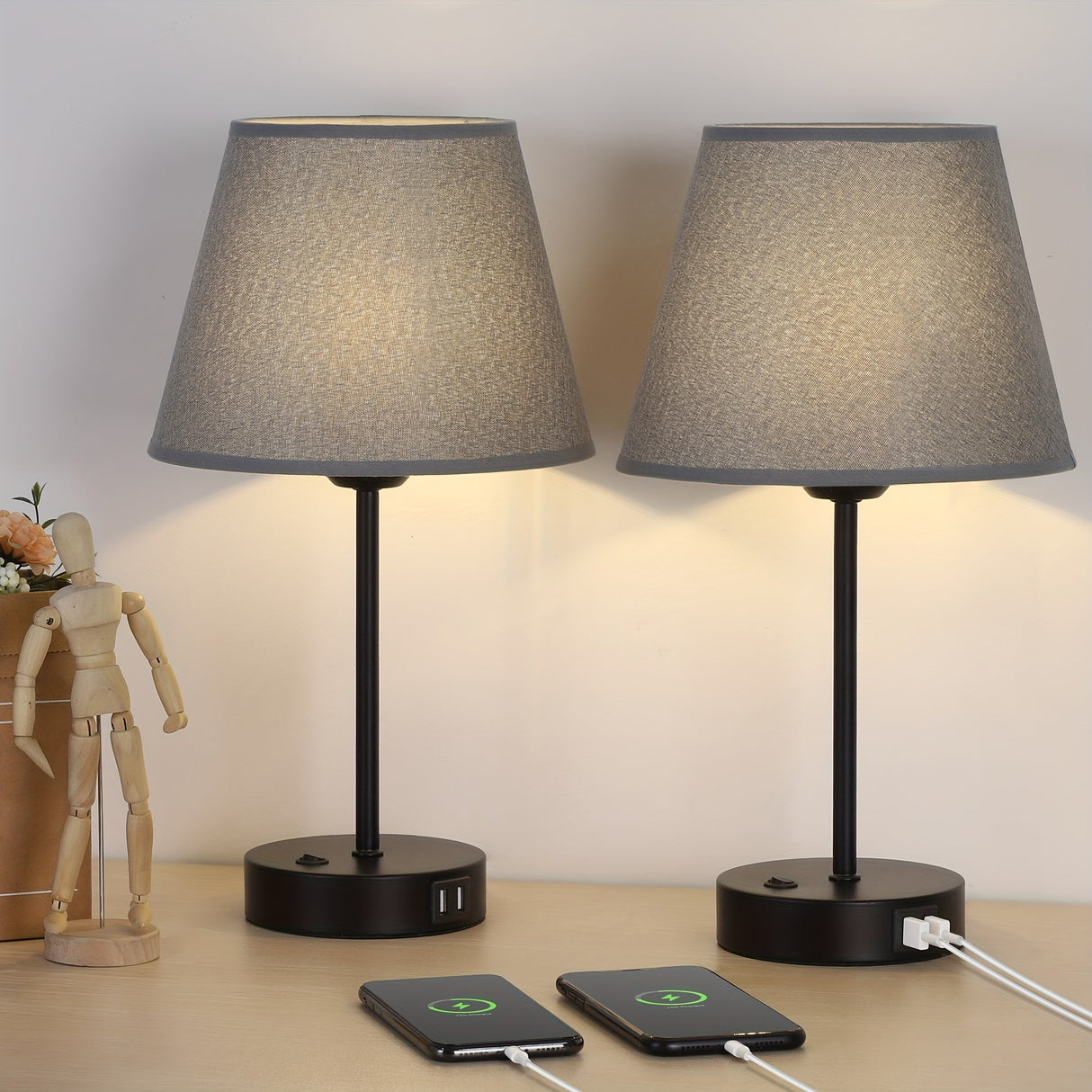 Bedside Table Lamps Set of 2 with USB Ports for Bedroom Nightstand Lighting