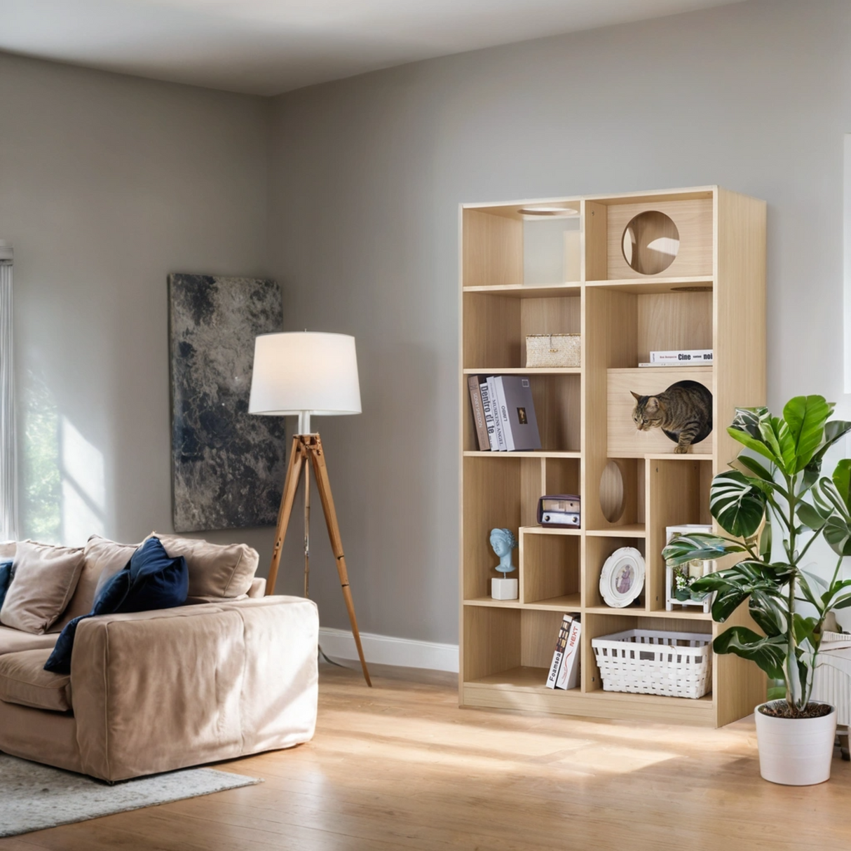 Furniture Style Cat Bookcase Cat Tree Shelves Natural Particle Board MDF 63.5 Inch