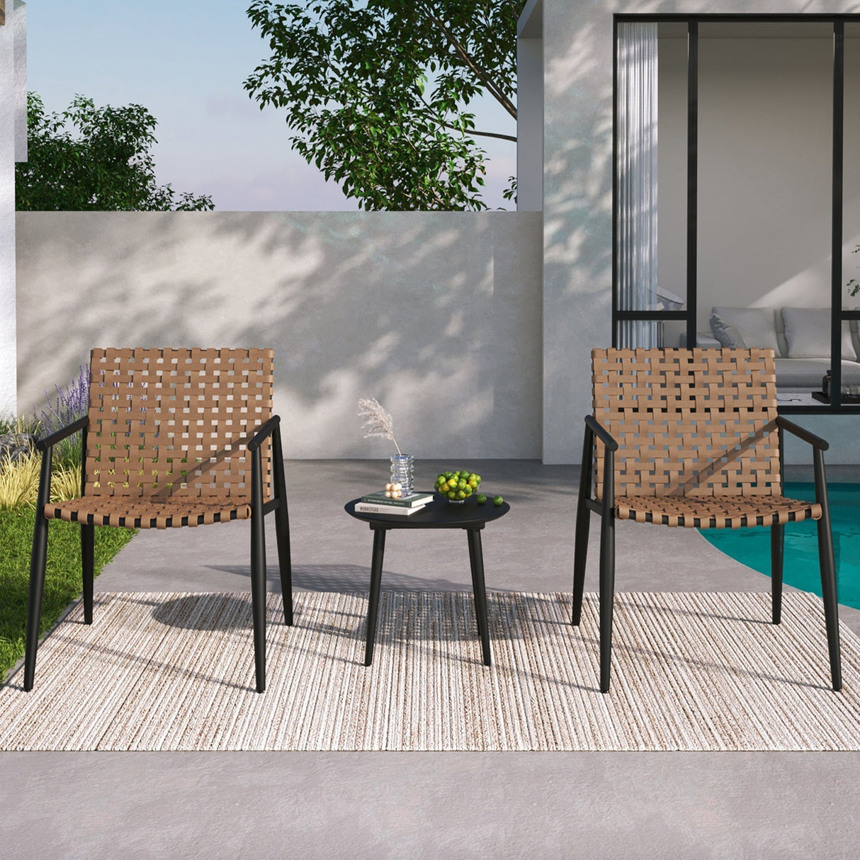 Modern Outdoor Chat Set: 2 Rattan Chairs with Side Table