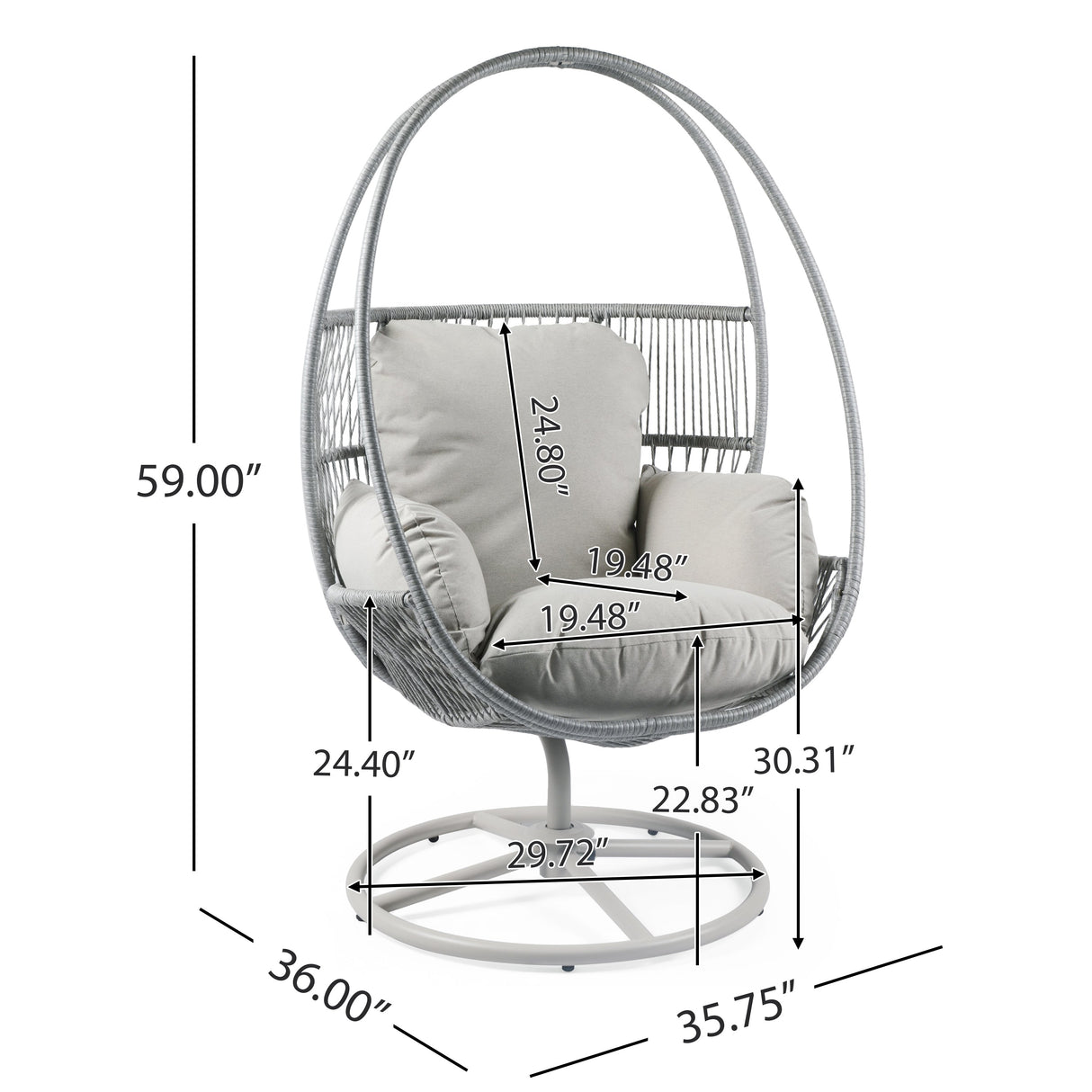 Reno Outdoor Wicker Swivel Lounge Chair with Iron Frame and Light Gray Polyester Cushions