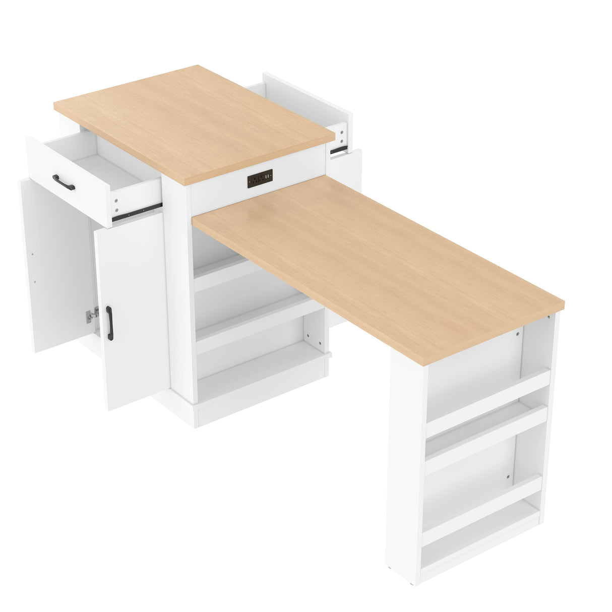 Extendable Island Console with Drawers, Double-Door Cabinet, and Open Shelving
