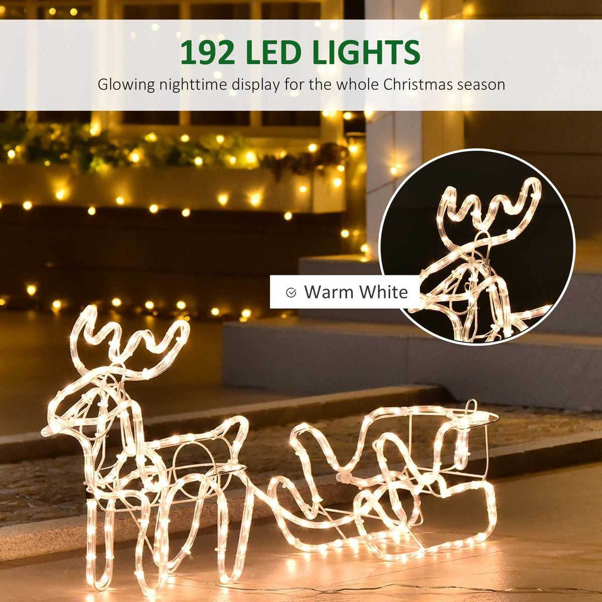 LED Reindeer Sleigh Outdoor Christmas Decoration with 192 Warm LED Lights - Steel