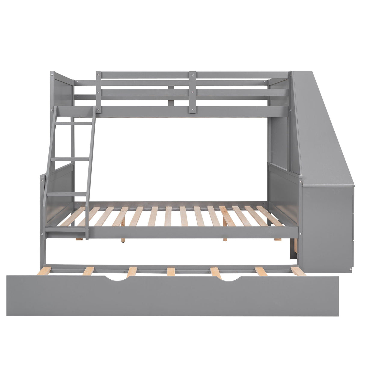 Bunk Bed With Trundle And Built In Desk, 3 Storage Drawers And Shelf
