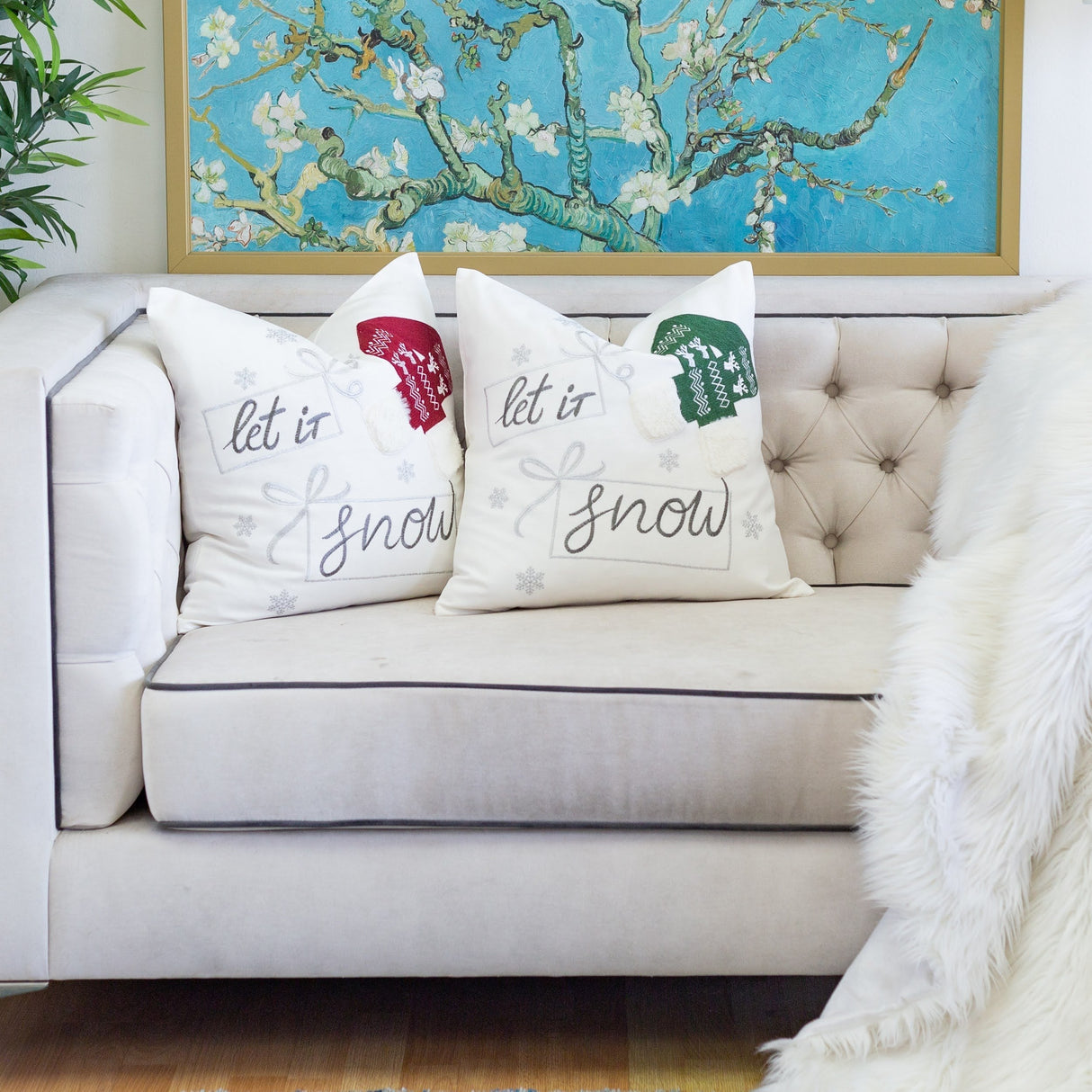 Let It Snow Christmas Throw Pillow 20x20 Cotton Cushion