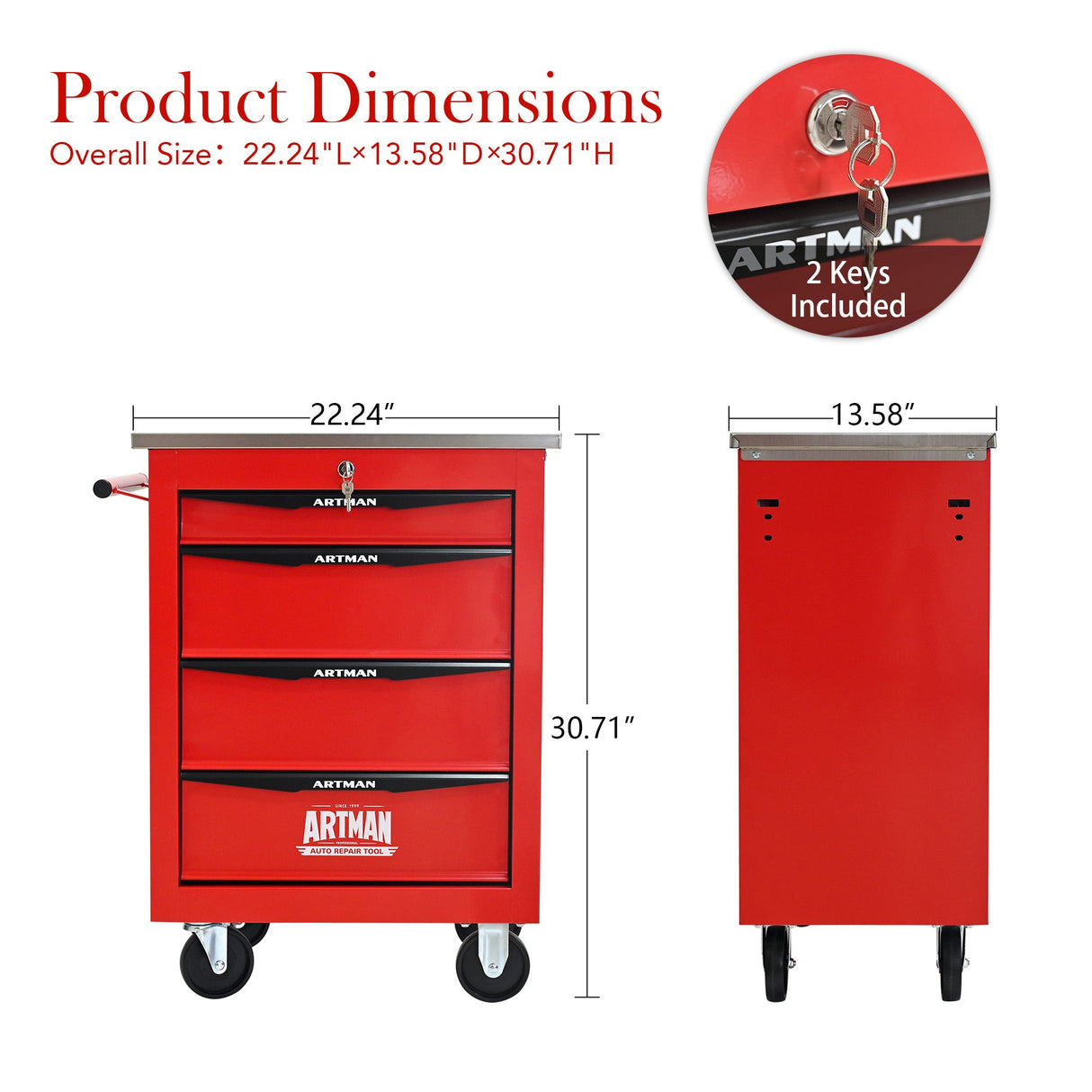 4 Drawers Multifunctional Tool Cart with Wheels, Red & Black