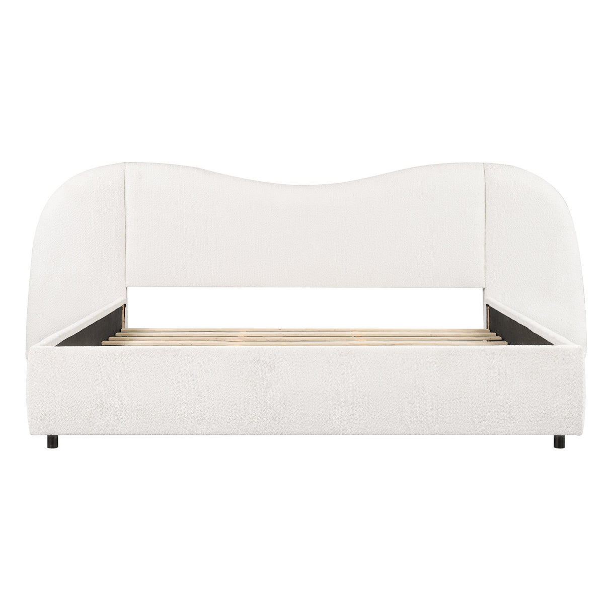 King Size Upholstered Bed Frame With Boucle Fabric Curved And Wide Headboard