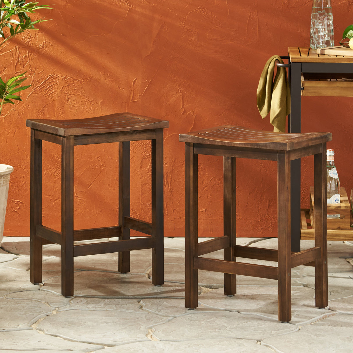 Outdoor Acacia Wood Counter Height Barstool, Set of 2