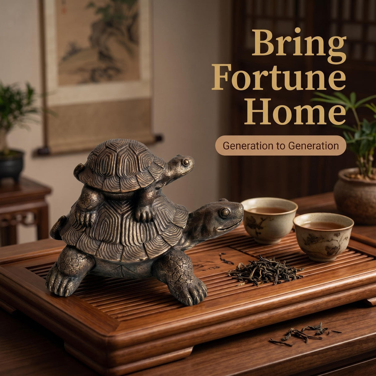 19'' Vintage Bronze Stacked Turtle Statue