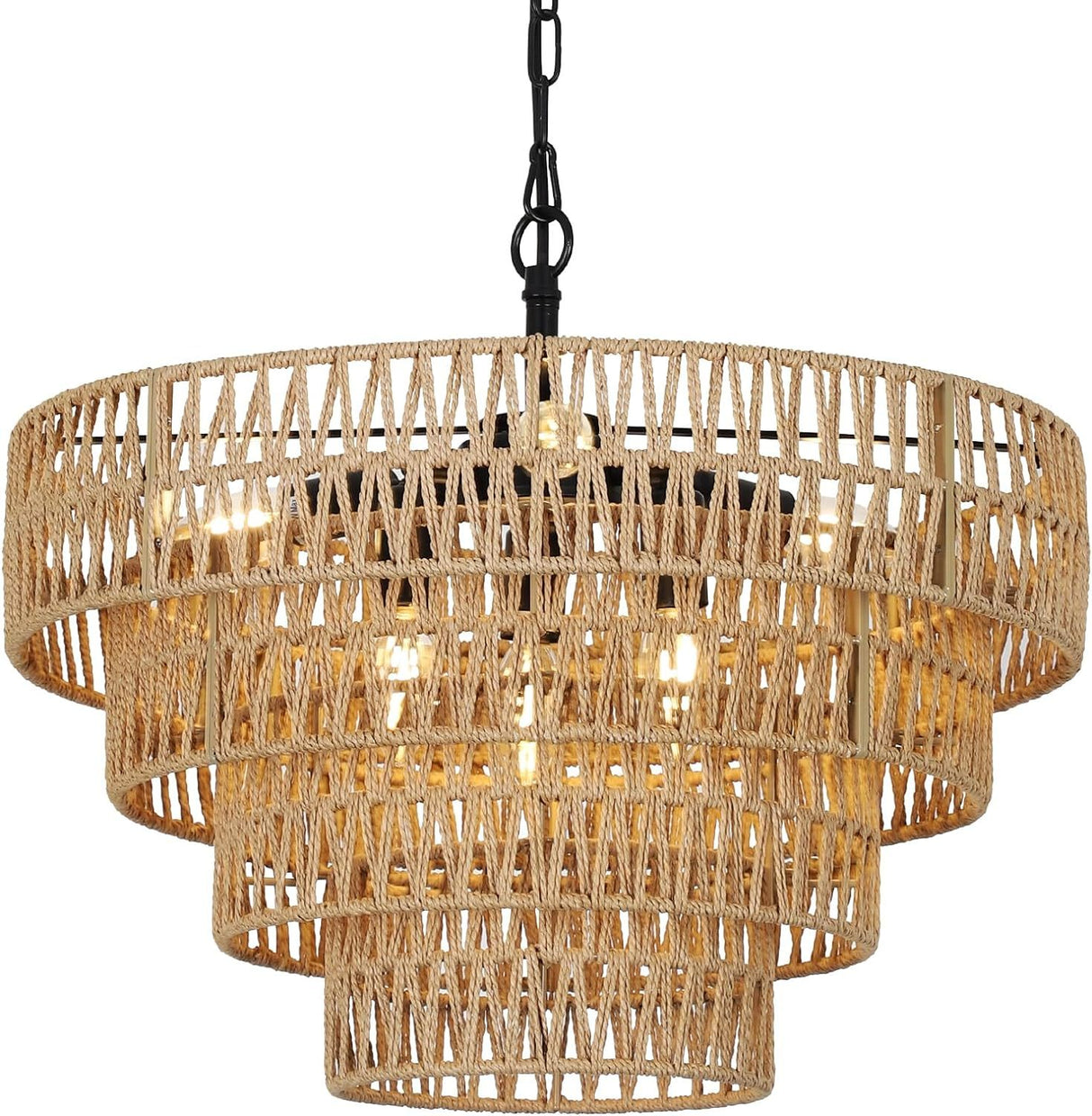 Boho Rattan Chandelier, Four-Tier Handwoven Rattan Chandelier