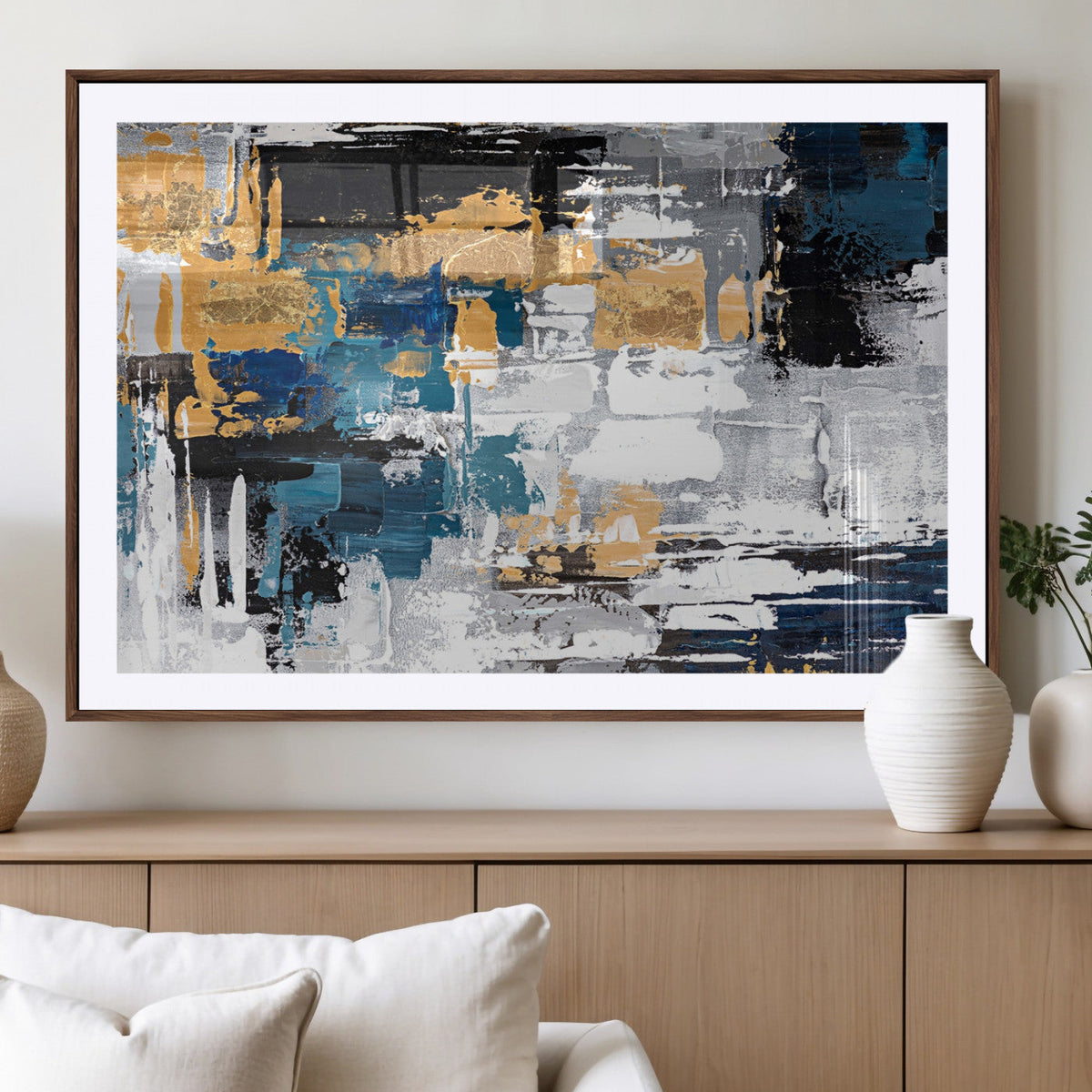 Blue and Gold Abstract Canvas Wall Art – Triptych Modern
