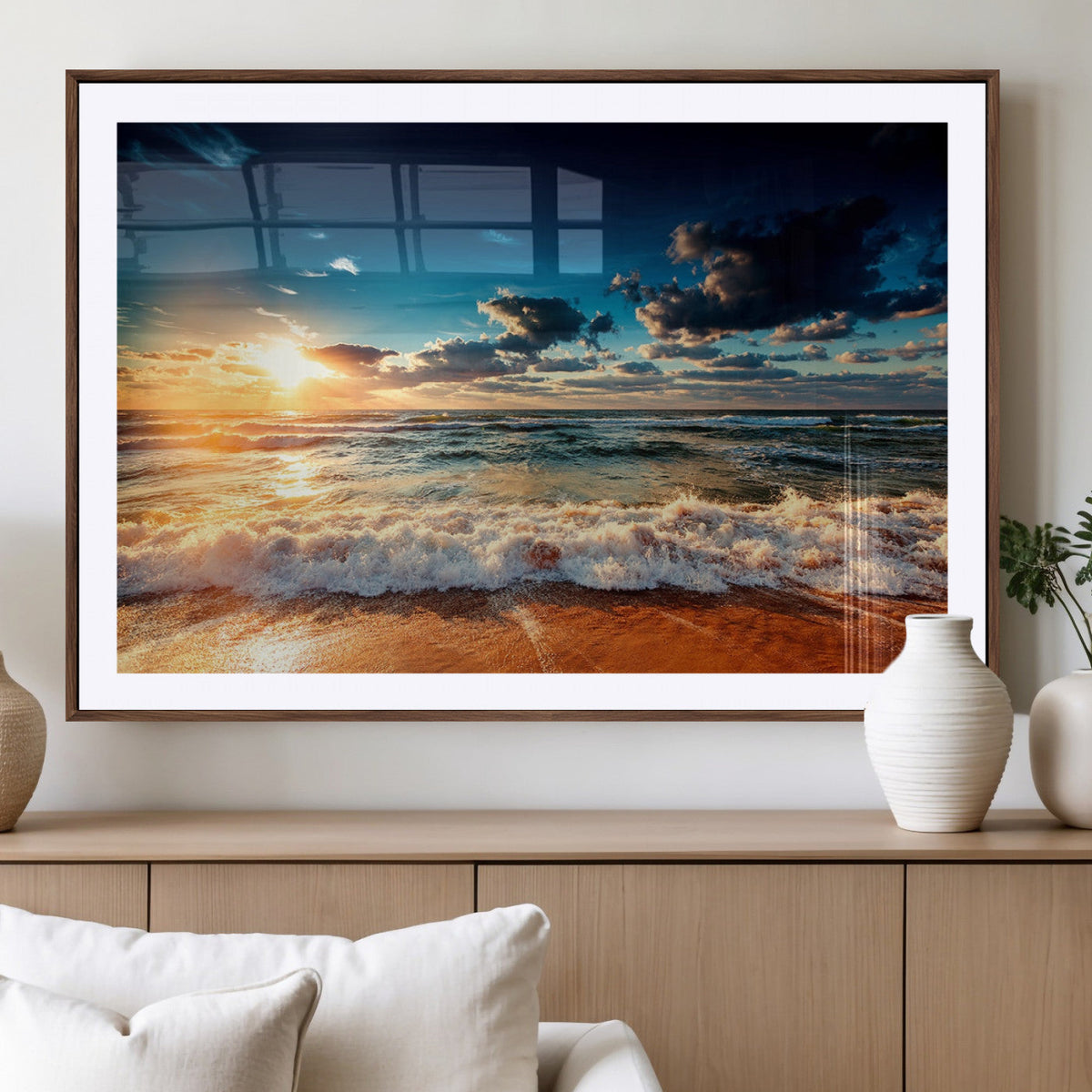 Golden Hour Sunset Over Ocean Waves Wall Art Canvas Print |