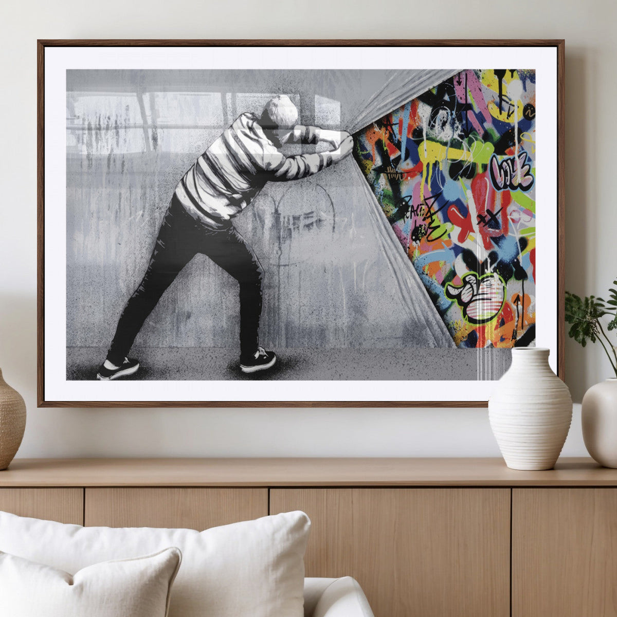 Banksy Art Behind the Curtain Street Wall Art Canvas Print |