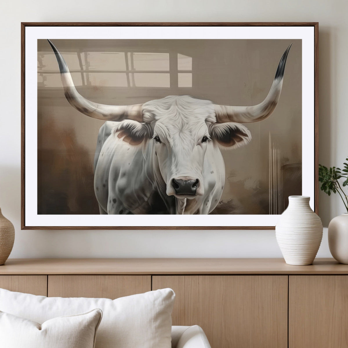 White Longhorn Bull Wall Art Canvas Print – Framed and Ready